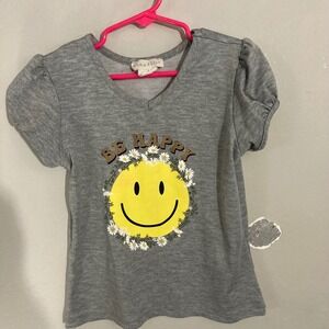 Emma & Elsa Graphic Tee Girls Size 6 Gray Be Happy Smiley Face Puff Sleeve Shirt